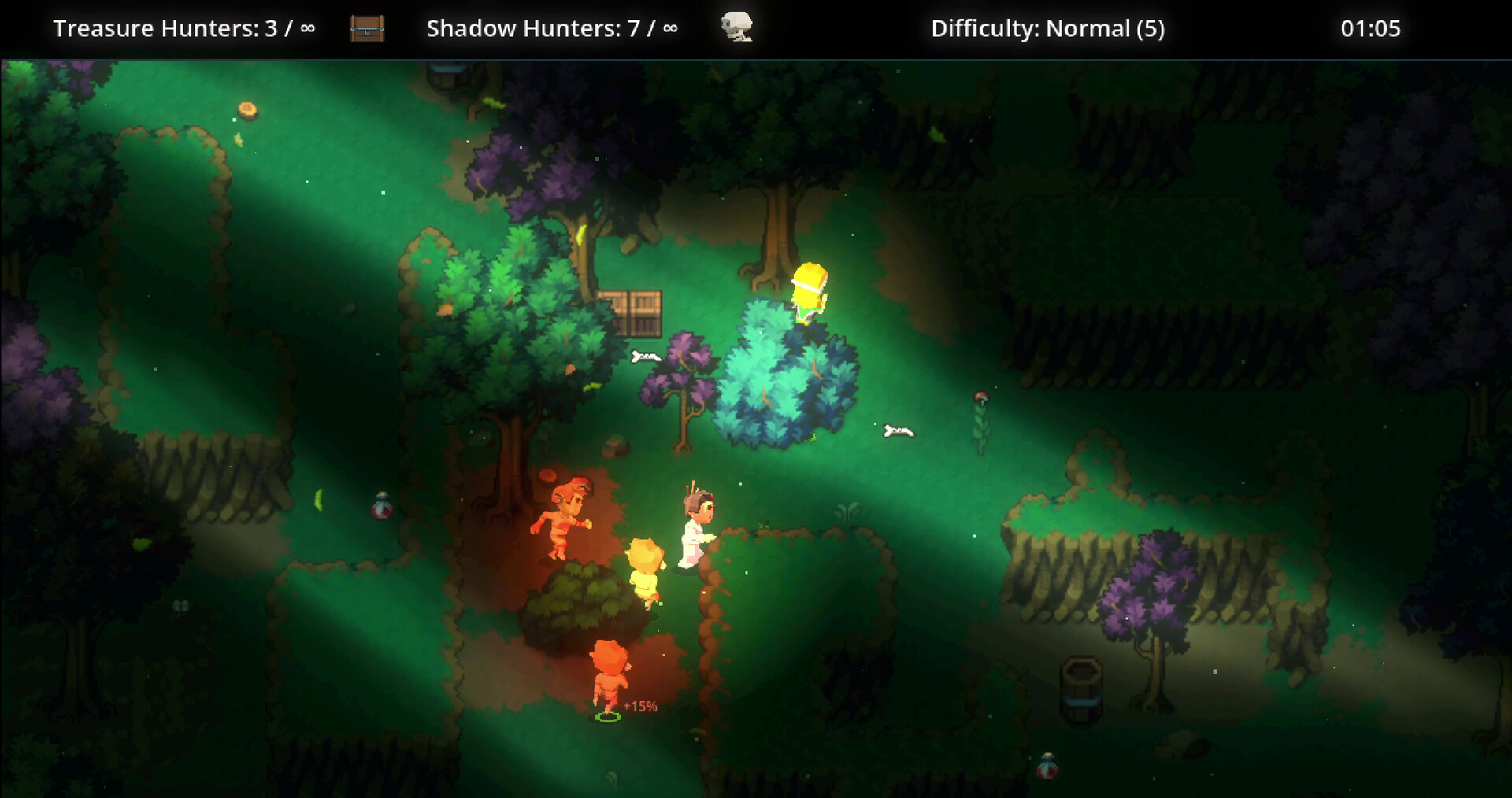 Treasure and Shadow Hunters chasing through a forest arena
