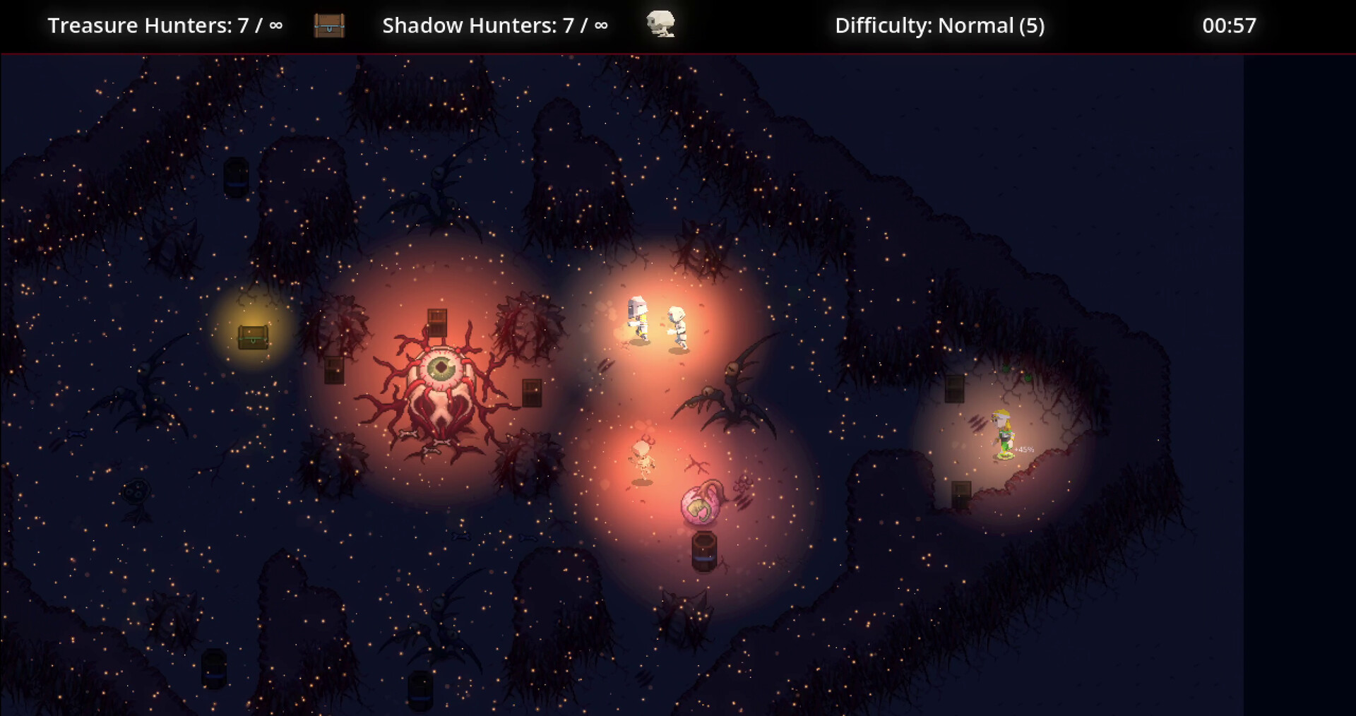 Hunters exploring a dark arena lit by warm pools of light