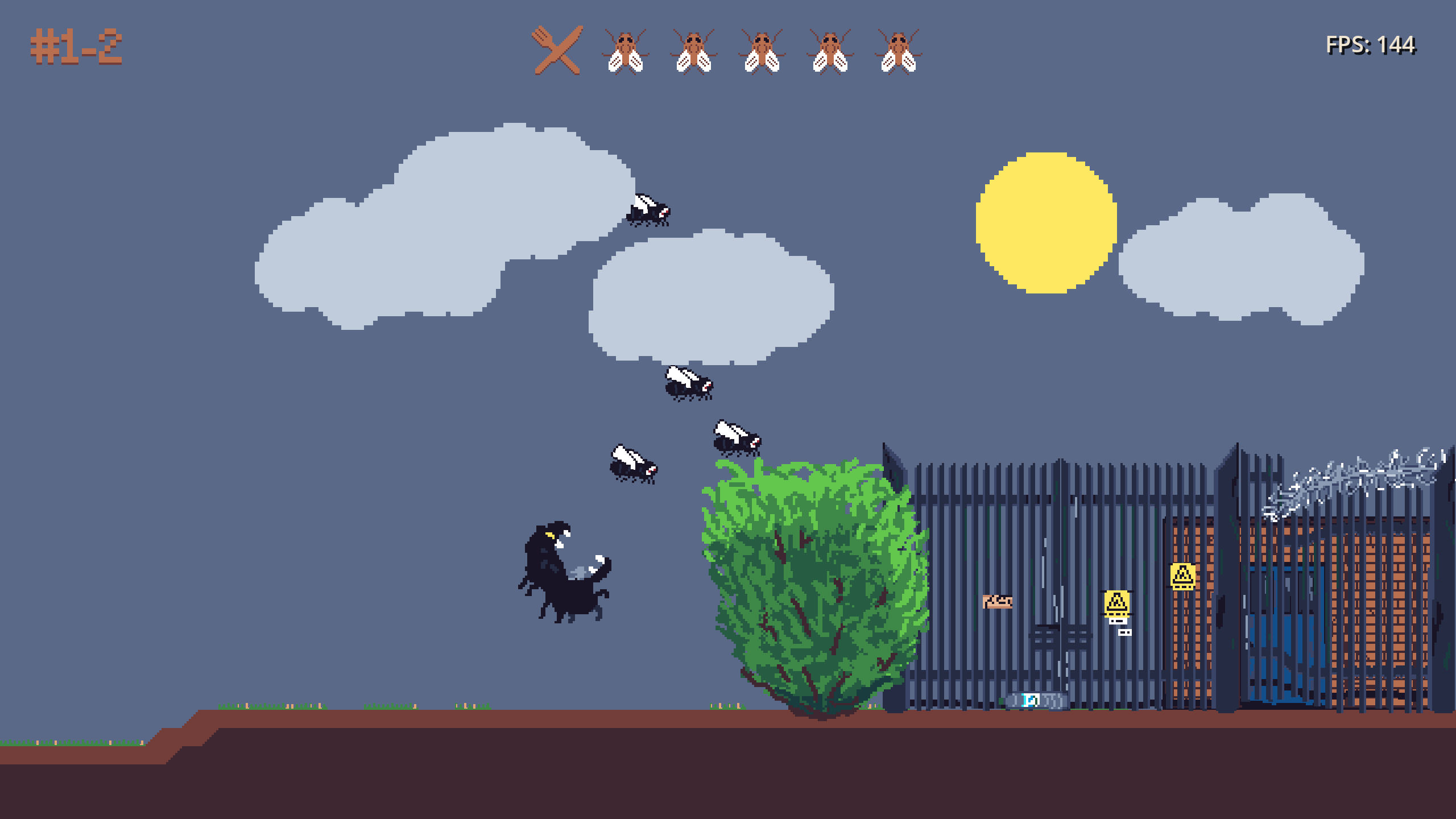 Nibzik chasing flies past a bush in an industrial setting